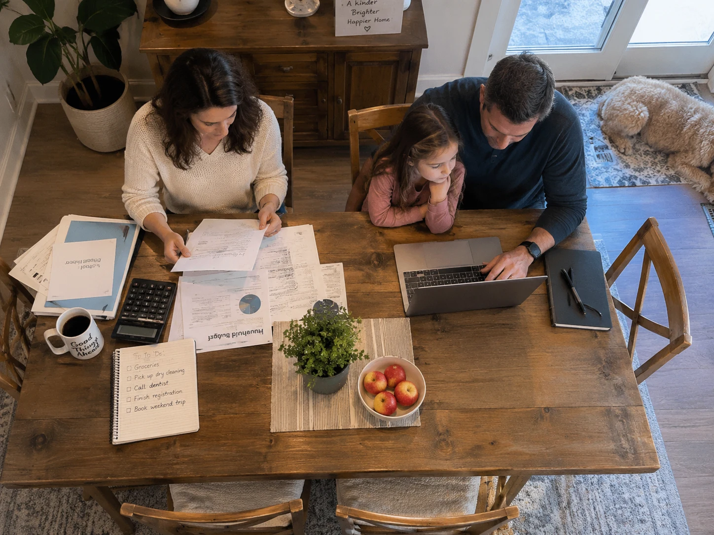 Parents and their daughter reviewing paperwork and a laptop together at the dining table